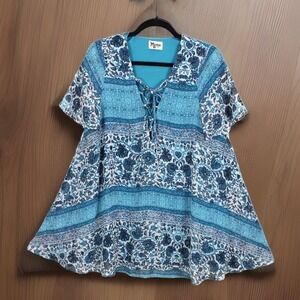 Show‎ Me Your MuMu Tunic Size S Blue Rancho Vista Lace Up Floral